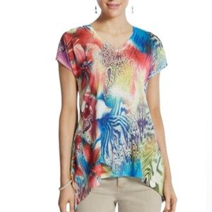 Chico's Top Women's Size 2 (M/12) Multicolor Floral Print Sparkle Shark Bite Hem